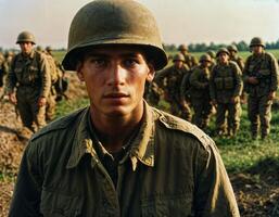 ai generado foto de intenso soldado hombre en Ejército atuendo y casco en grave peligroso guerra caminando en campo, generativo ai