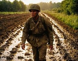 ai generado foto de intenso soldado hombre en Ejército atuendo y casco en grave peligroso guerra caminando en campo, generativo ai