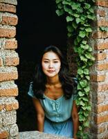 AI generated photo of beautiful asian woman standing at brick wall street, generative AI