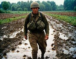 AI generated photo of intense soldier man in army outfit and helmet in serious dangerous war walking on field, generative AI
