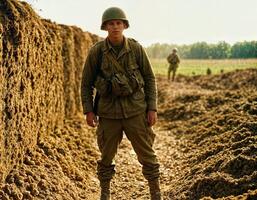 AI generated photo of intense soldier man in army outfit and helmet in serious dangerous war walking on field, generative AI