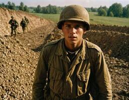 ai generado foto de intenso soldado hombre en Ejército atuendo y casco en grave peligroso guerra caminando en campo, generativo ai