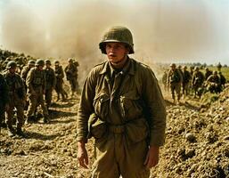 ai generado foto de intenso soldado hombre en Ejército atuendo y casco en grave peligroso guerra caminando en campo, generativo ai