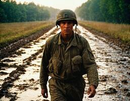 AI generated photo of intense soldier man in army outfit and helmet in serious dangerous war walking on field, generative AI