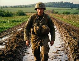 ai generado foto de intenso soldado hombre en Ejército atuendo y casco en grave peligroso guerra caminando en campo, generativo ai