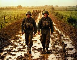 ai generado foto de intenso soldado hombre en Ejército atuendo y casco en grave peligroso guerra caminando en campo, generativo ai