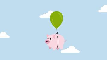 4k Animation Financial freedom, pink piggy bank floating in a minimalist sky, ready to sail off to freedom. video