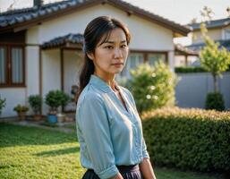 AI generated photo of beautiful asian woman as a wife with curious face feeling standing in front of her house, generative AI