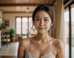 AI generated photo of beautiful asian woman as a happy wife at kitchenroom, generative AI