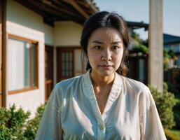 AI generated photo of beautiful asian woman as a wife with curious face feeling standing in front of her house, generative AI