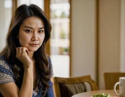 AI generated photo of beautiful asian woman as a wife with curious face feeling at kitchenroom, generative AI