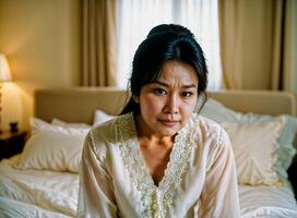 AI generated photo of beautiful asian woman as a wife with curious face feeling at bedroom, generative AI