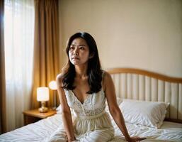 ai generado foto de hermosa asiático mujer como un esposa con curioso cara sensación a dormitorio, generativo ai