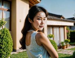 AI generated photo of beautiful asian woman as a wife with curious face feeling standing in front of her house, generative AI