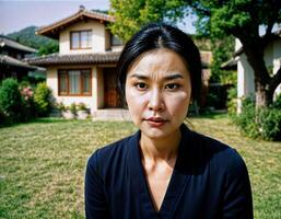 AI generated photo of beautiful asian woman as a wife with curious face feeling standing in front of her house, generative AI