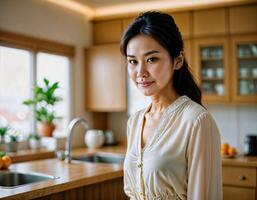 AI generated photo of beautiful asian woman as a happy wife at kitchenroom, generative AI