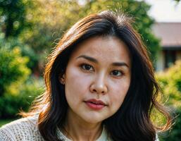 AI generated photo of beautiful asian woman as a wife with curious face feeling standing in front of her house, generative AI