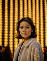 AI generated photo of beautiful asian woman standing at event show with light in background, generative AI