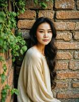 AI generated photo of beautiful asian woman standing at brick wall street, generative AI