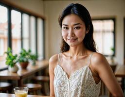 AI generated photo of beautiful asian woman as a happy wife at kitchenroom, generative AI