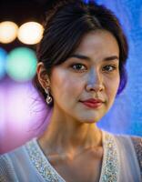 AI generated photo of beautiful asian woman standing at event show with light in background, generative AI