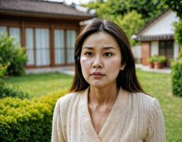 AI generated photo of beautiful asian woman as a wife with curious face feeling standing in front of her house, generative AI