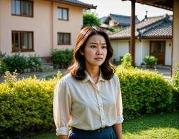 AI generated photo of beautiful asian woman as a wife with curious face feeling standing in front of her house, generative AI