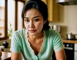 AI generated photo of beautiful asian woman as a wife with curious face feeling at kitchenroom, generative AI