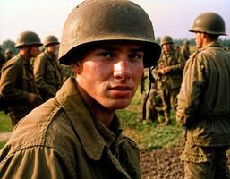 ai generado foto de intenso soldado hombre en Ejército atuendo y casco en grave peligroso guerra caminando en campo, generativo ai