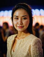 AI generated photo of beautiful asian woman standing at event show with light in background, generative AI