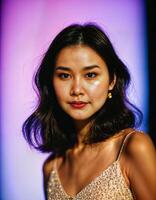 AI generated photo of beautiful asian woman standing at event show with light in background, generative AI