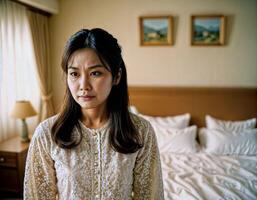 AI generated photo of beautiful asian woman as a wife with curious face feeling at bedroom, generative AI