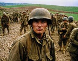 ai generado foto de intenso soldado hombre en Ejército atuendo y casco en grave peligroso guerra caminando en campo, generativo ai