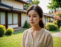 AI generated photo of beautiful asian woman as a wife with curious face feeling standing in front of her house, generative AI