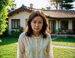 AI generated photo of beautiful asian woman as a wife with curious face feeling standing in front of her house, generative AI