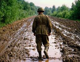 AI generated photo of intense soldier man in army outfit and helmet in serious dangerous war walking on field, generative AI