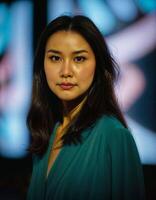 AI generated photo of beautiful asian woman standing at event show with light in background, generative AI
