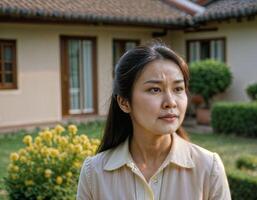 AI generated photo of beautiful asian woman as a wife with curious face feeling standing in front of her house, generative AI