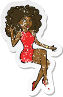 retro distressed sticker of a cartoon sitting woman waving png