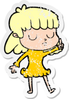 distressed sticker of a cartoon indifferent woman png