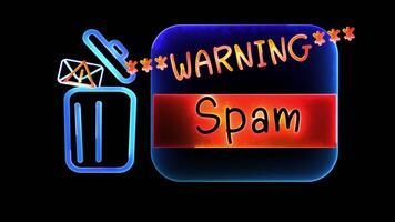 Glowing looping icon trash email spam neon effect, black background video