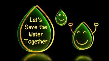 Glowing looping icon water saving symbol neon effect, black background video