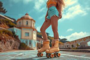 ai generado hermosa piernas largas muchachas actitud en Clásico rodillo patines en el parque en un calentar verano día foto