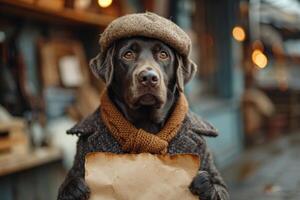 AI generated A dog in a hat and clothes reads a letter sitting in the interior photo