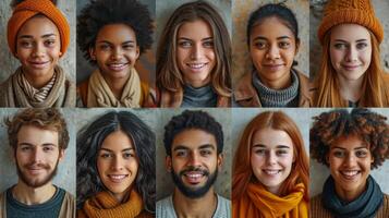 ai generado un collage de muchos diferente gente. personas de diferente nacionalidades y Razas foto