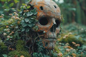 AI generated Artistic composition of a human skull on the ground in the forest photo