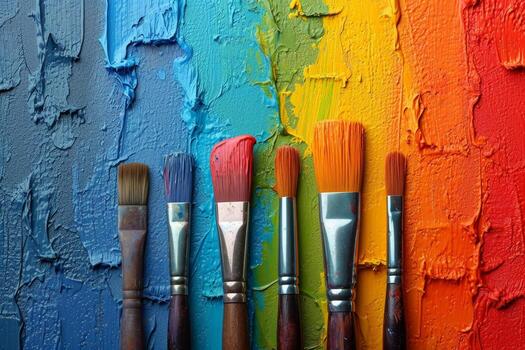 ai generado artístico cepillos manchado en pintar en un antecedentes cubierto con multicolor petróleo pinturas foto