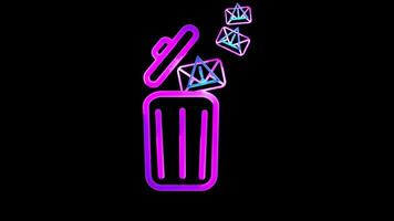 Glowing looping icon trash email spam neon effect, black background video