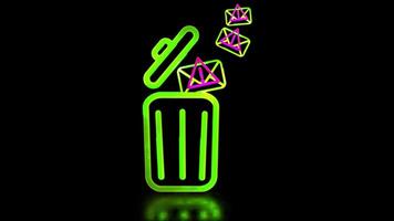 Glowing looping icon trash email spam neon effect, black background video