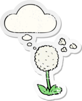 cartoon flower and thought bubble as a distressed worn sticker png